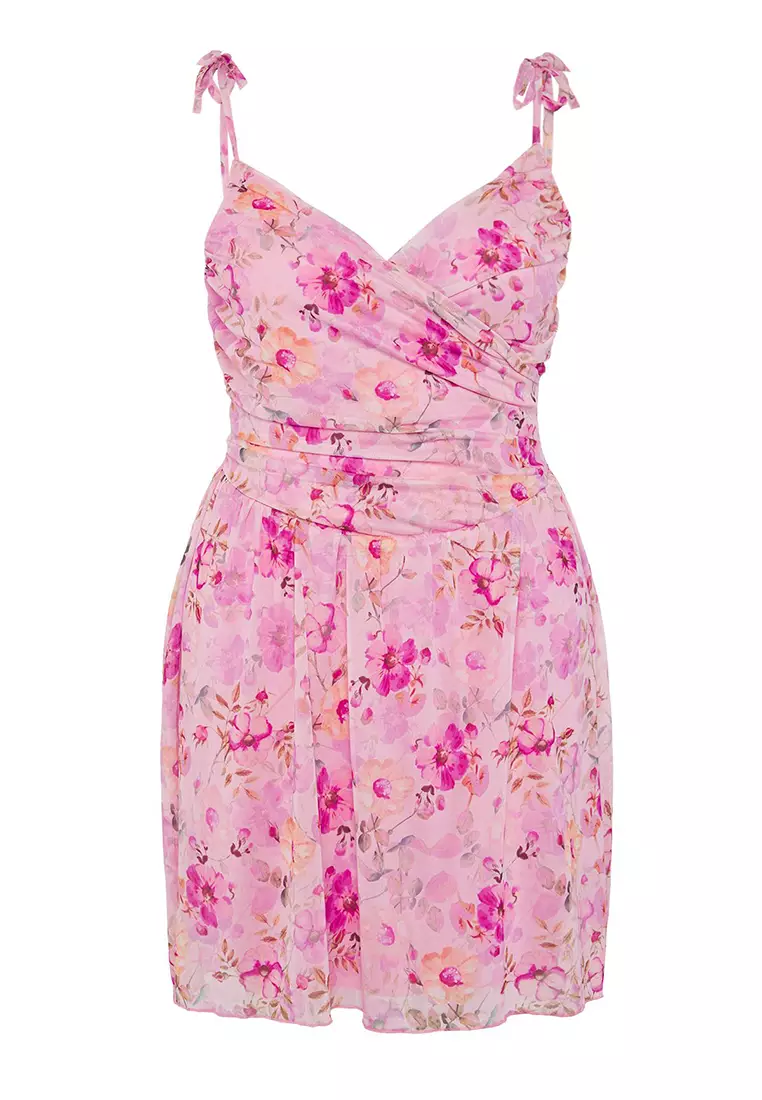 Pink Double Breasted Floral Patterned Tulle Skater Mini Knitted Plus Size Dress TBBSS25AH00193