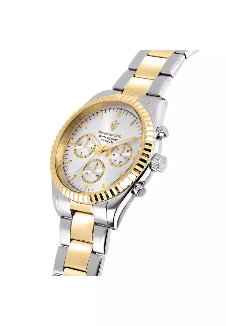 【2 Years Warranty】Maserati Competizione 43mm Silver Gold Stainless Steel Chronograph Men's Quartz Watch R8853100021 With Luminous Dial Hands