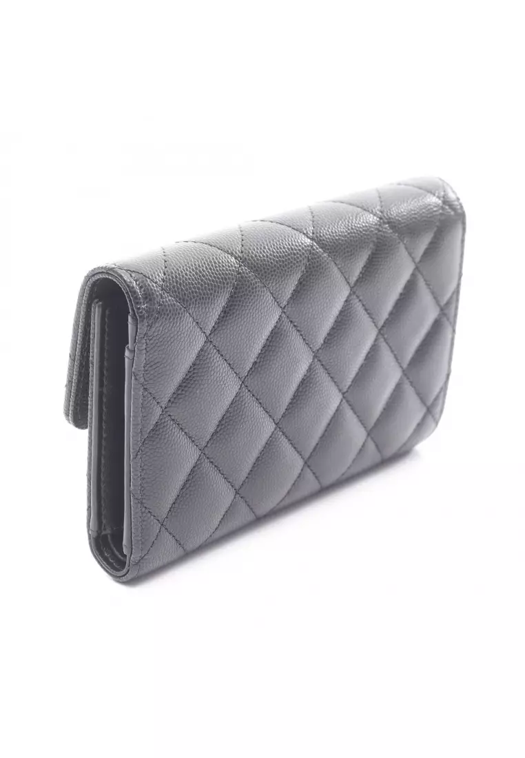 Pre-Loved Chanel matelasse trifold wallet Caviar skin black gold hardware