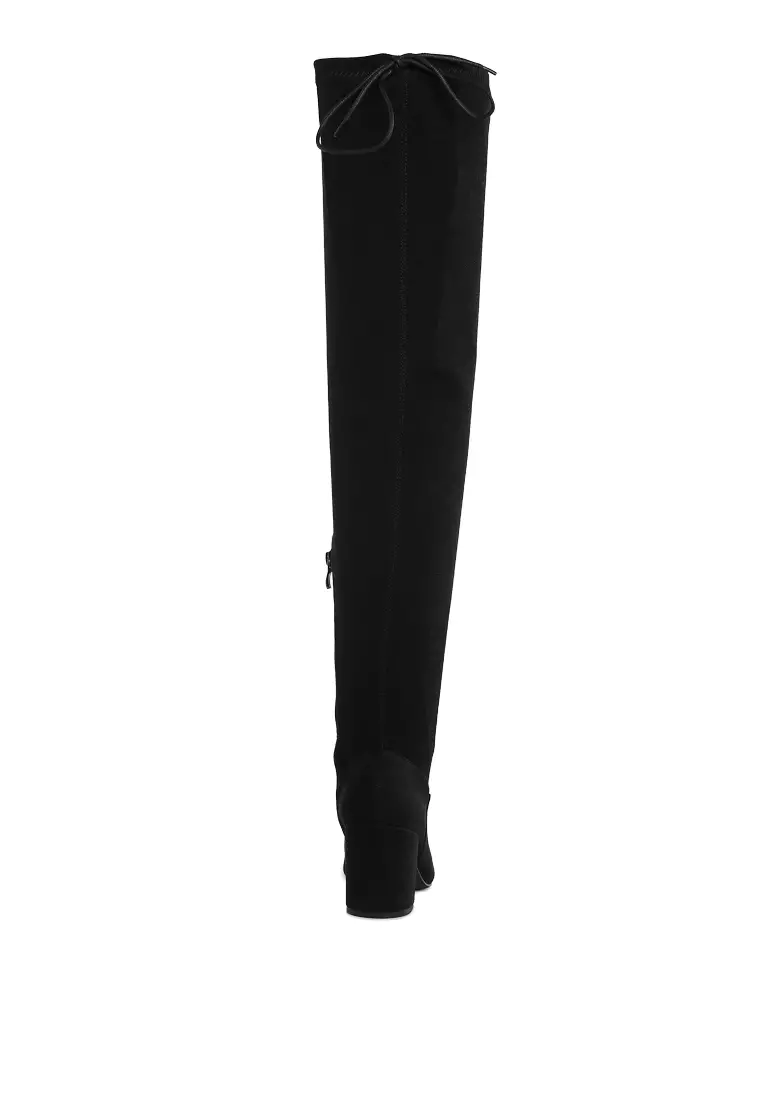 Minimal Drawstring Detail Knee-High Boots in Black