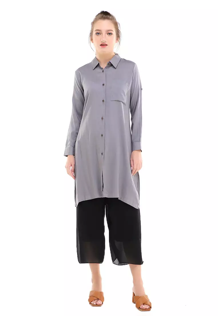 Eleazar Tunik Long Sleeve Motif Solid Design Casual Atasan Wanita Regular Fit - Dark Grey