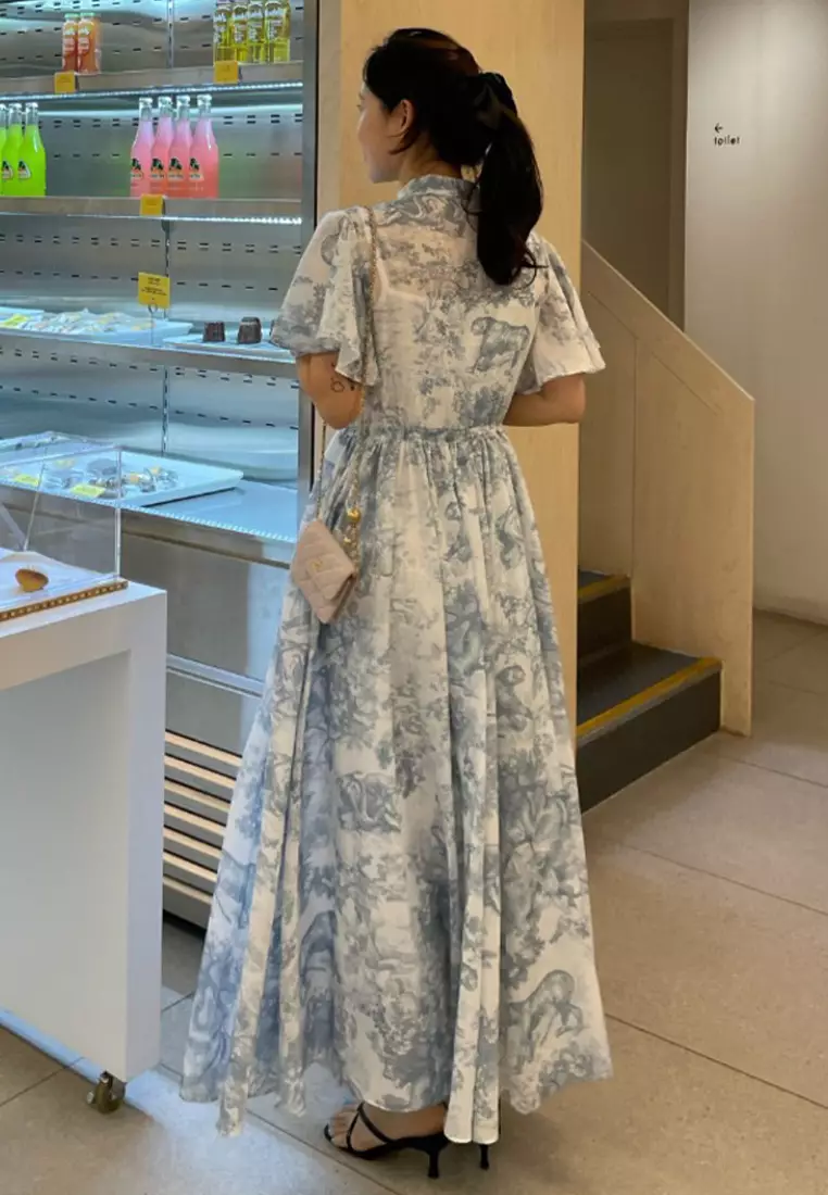 Summer vintage ink wash lace up chiffon dress CA25032717BL