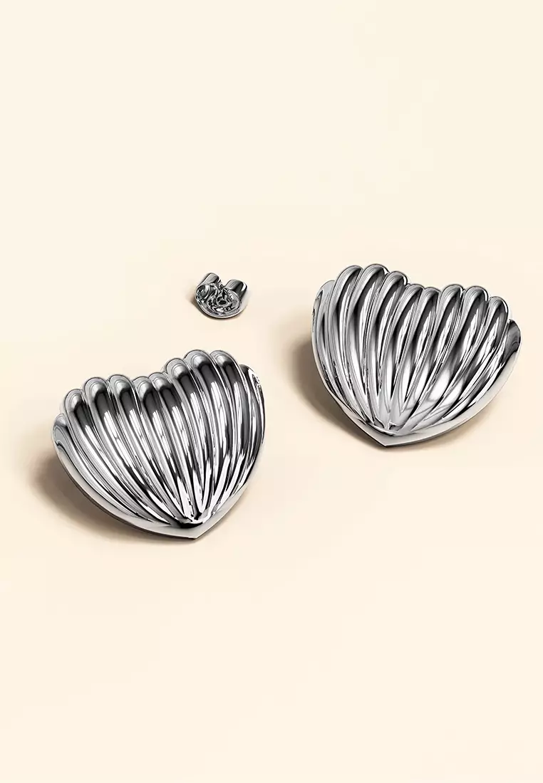 Ridged Heart White Gold layered Stud Earrings