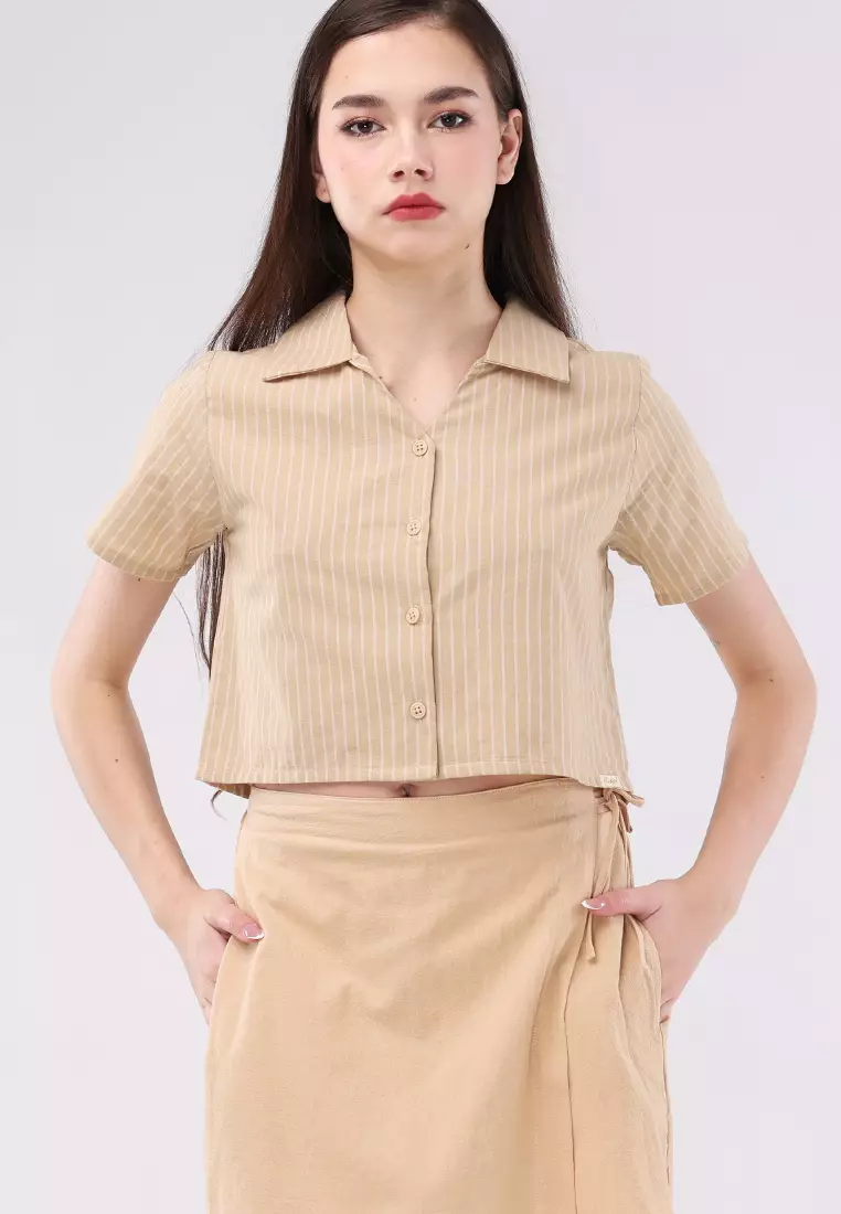 Woven Stripes Linen Short Sleeve Blouse/Skort