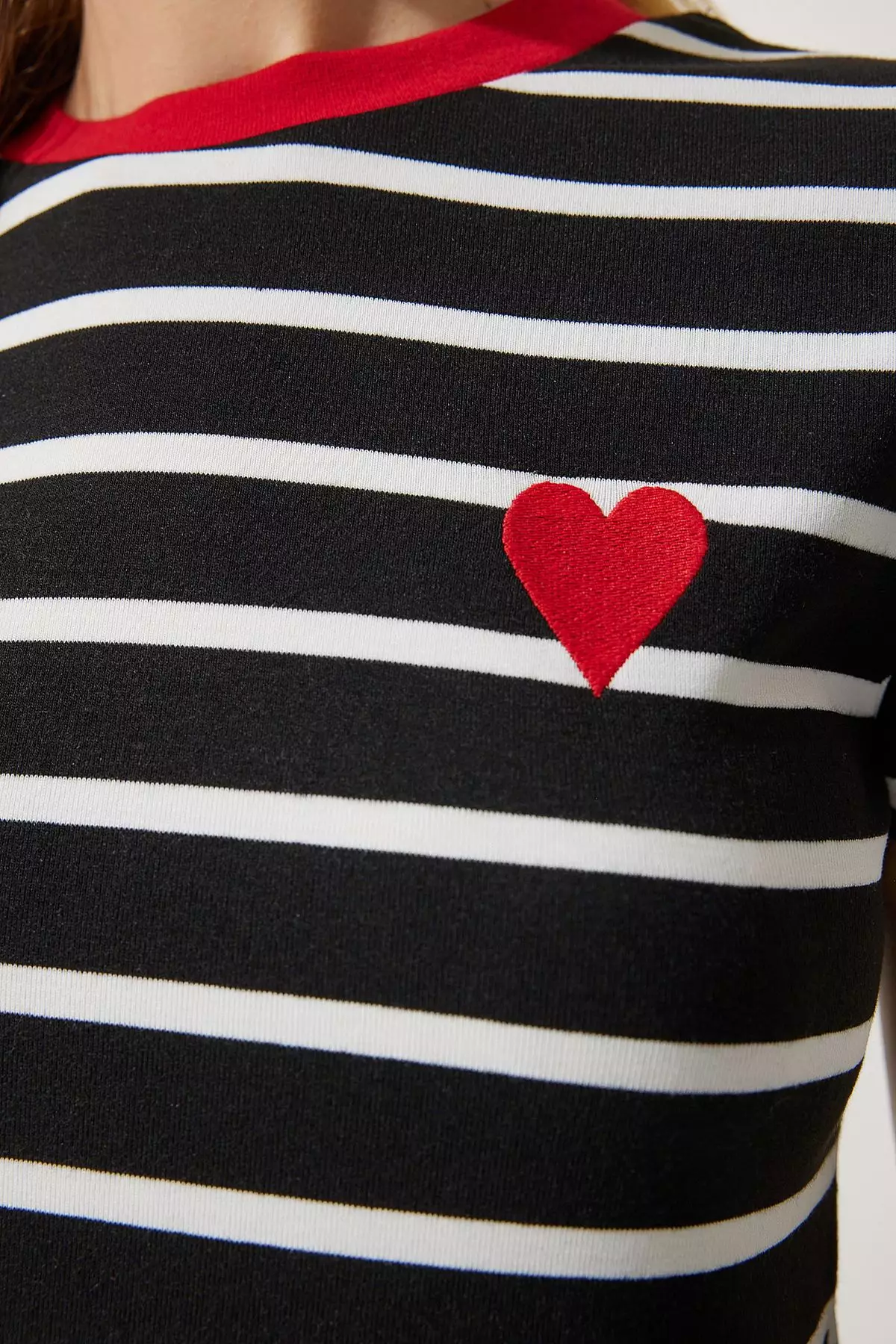 Heart Embroidered Striped Cotton Knitted T-Shirt