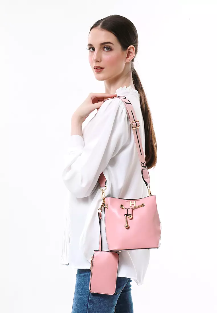 Frede 2In1 Tas Selempang Wanita Model Serut with Long Wallet Material Leather ORIGINAL - Pink