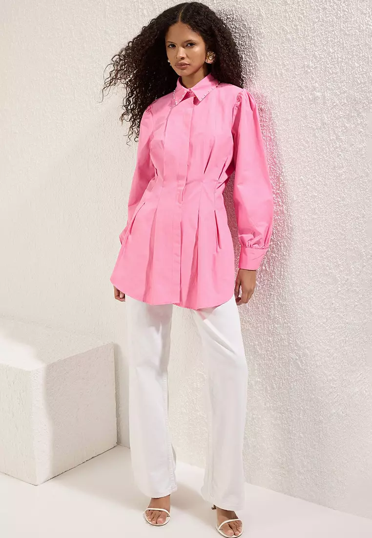 Pink Waist-Sit Pearl Detailed Woven Shirt Tctaw24Tg00027