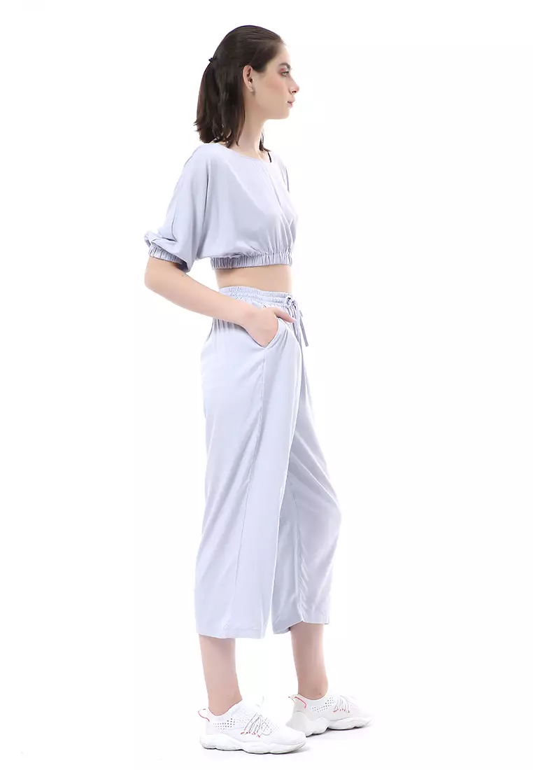 Nayra One Set Setelan Wanita Atasan Crop Lengan 3/4 Celana Kulot Material Rayon ORIGINAL - Bluegray