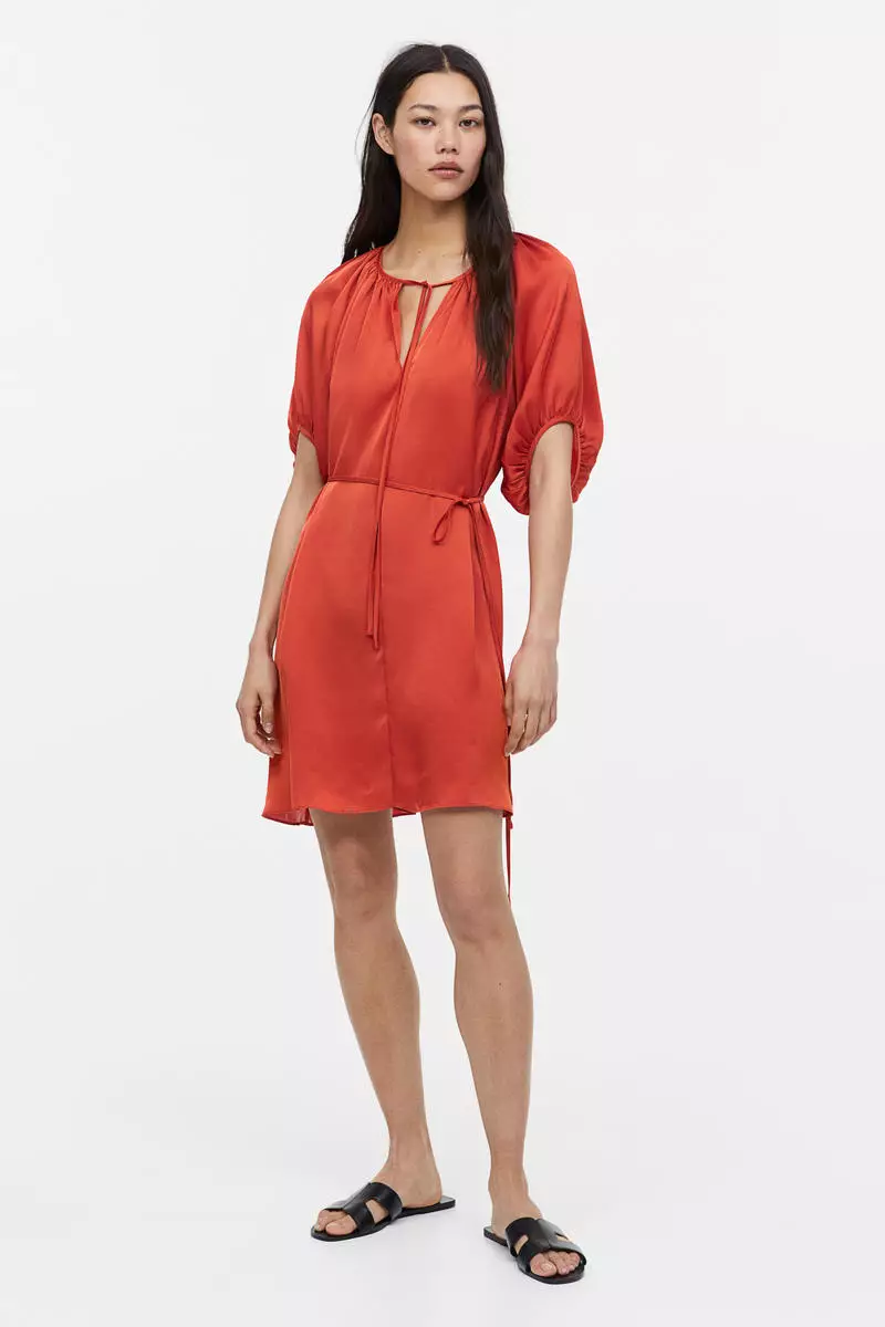 h&m satin dress with tie detail BNWT H&M Long Maxi Ankle Length Draped Tie Neck Satin Dress Red  XS,S,M,L,XL,XXL