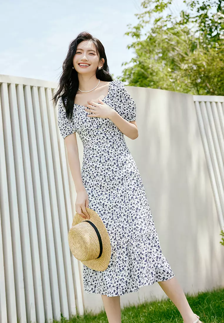 Puff Sleeve Square Neck Summer Floral Midi Dress