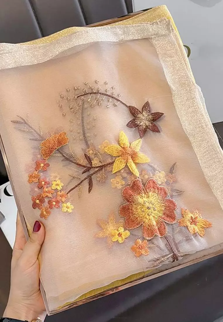 Golden Thread Embroidery Flowery Silk Shawl Syal Sutra Wanita Gold