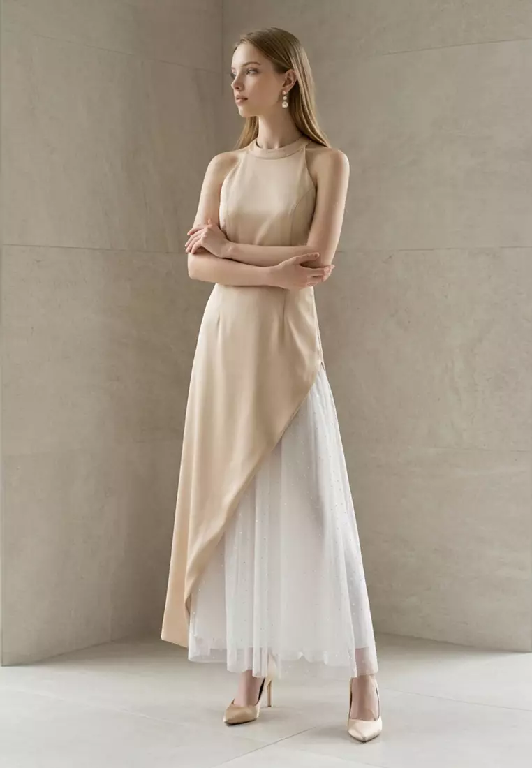 formal dress hk Bebebeige High-Neck Asymmetrical Satin & Mesh Evening 2026 | Buy Bebebeige Online emerald green bridesmaid dresses