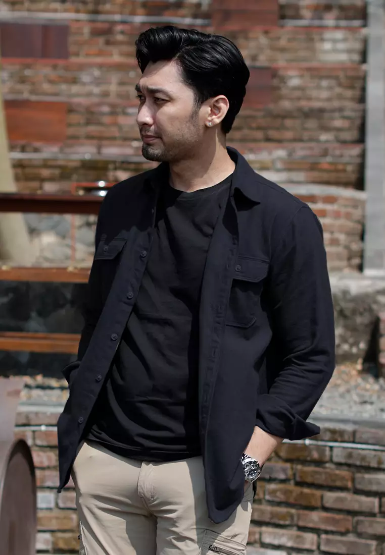 OXCON Utility Double Pocket Authentic Kemeja Flannel Shirt Monotone Black
