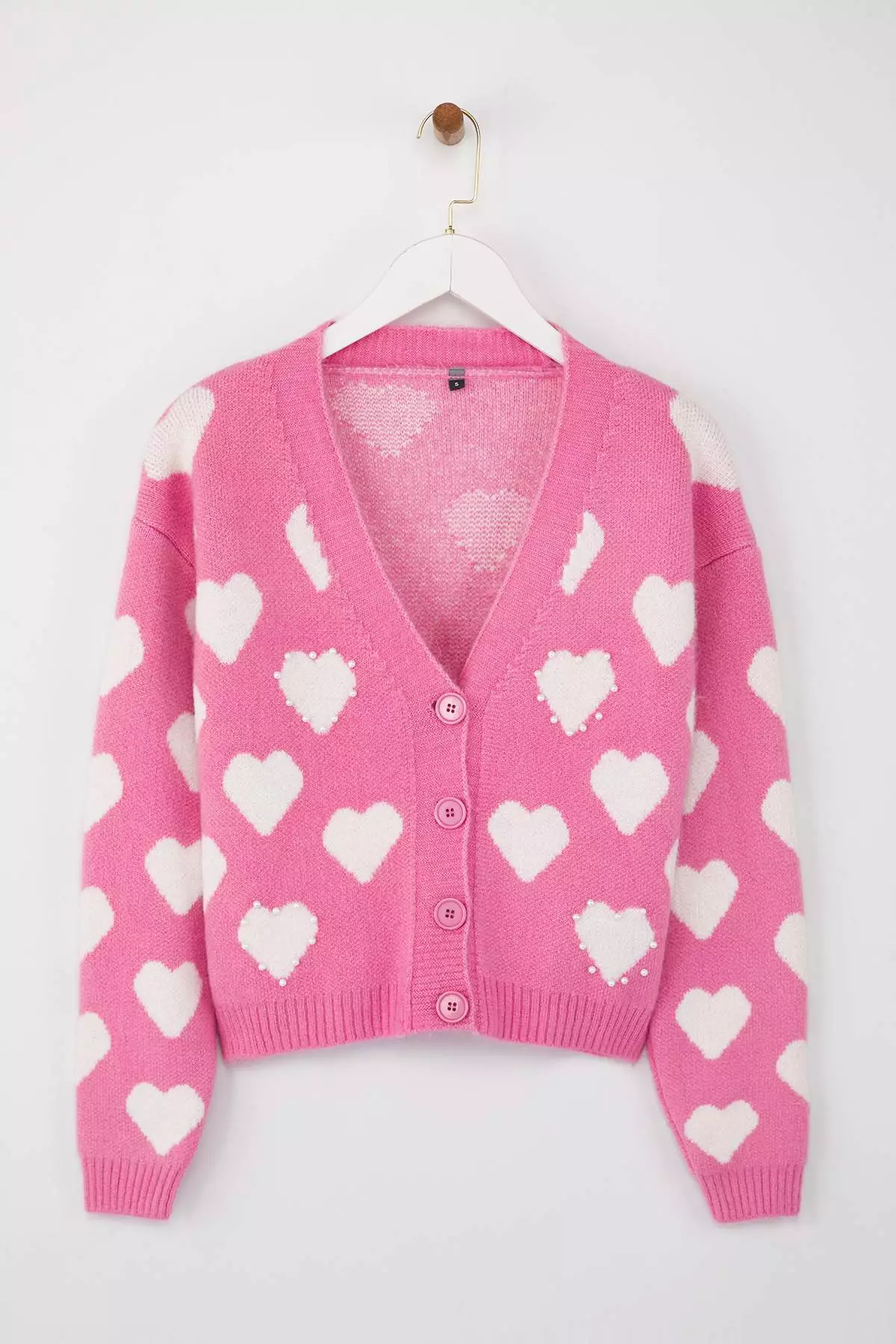 Teen Pink Soft Textured Heart Patterned Pearl Detailed Knitwear Cardigan