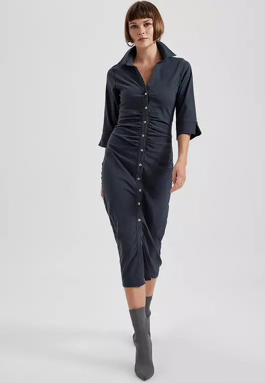 Buttoned Half Sleeve Midi Shirt Dress