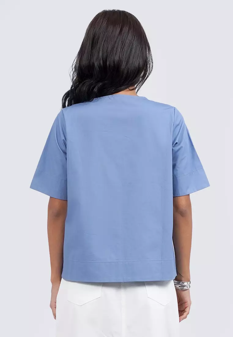 Tied Front Short Sleeve Blouse LT. BLUE