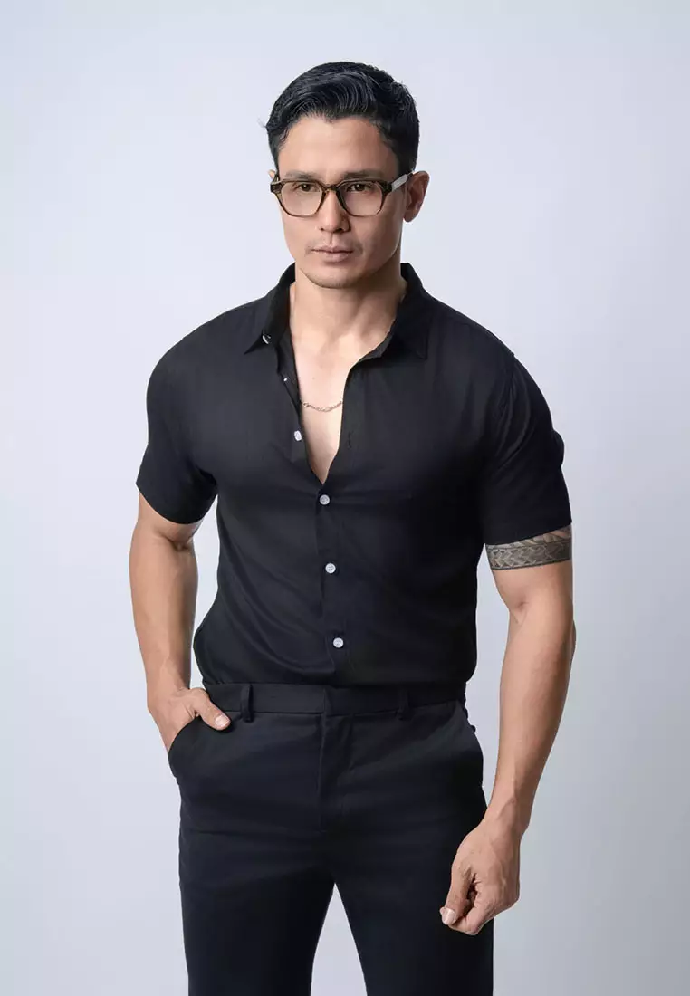 Viscose Solid Black Casual Shirt SS