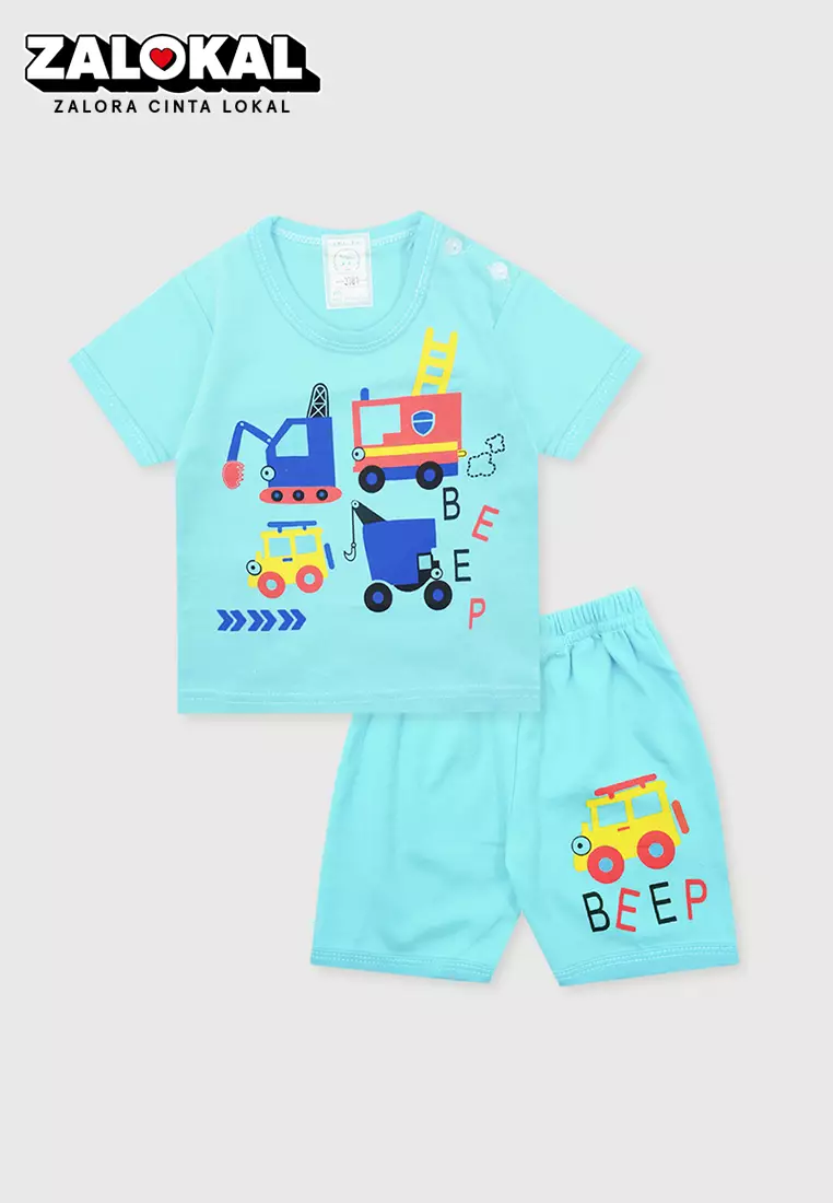 Wakakids Setelan Bayi Laki Laki Usia 0 Bulan Hingga 6 Bulan Set Baju Anak Celana Kaos Motif Tractor 3781 Hijau