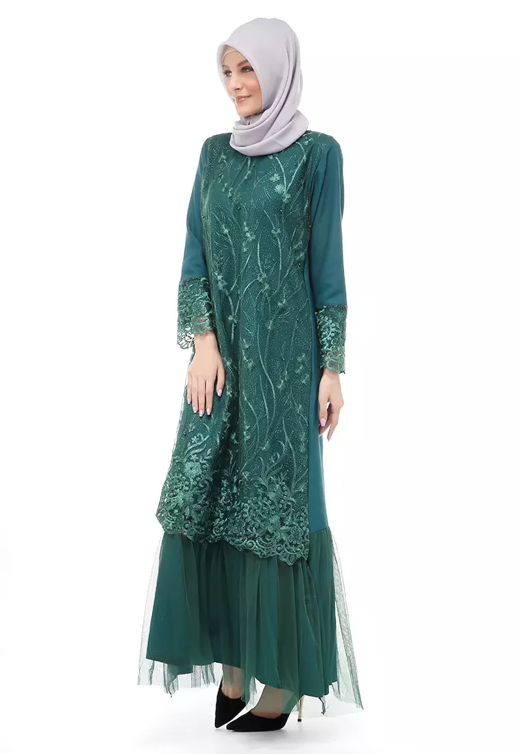 Diana Gamis Brukat Wanita Muslimah Lapis Moscrepe Premium Quality - Hijau Botol