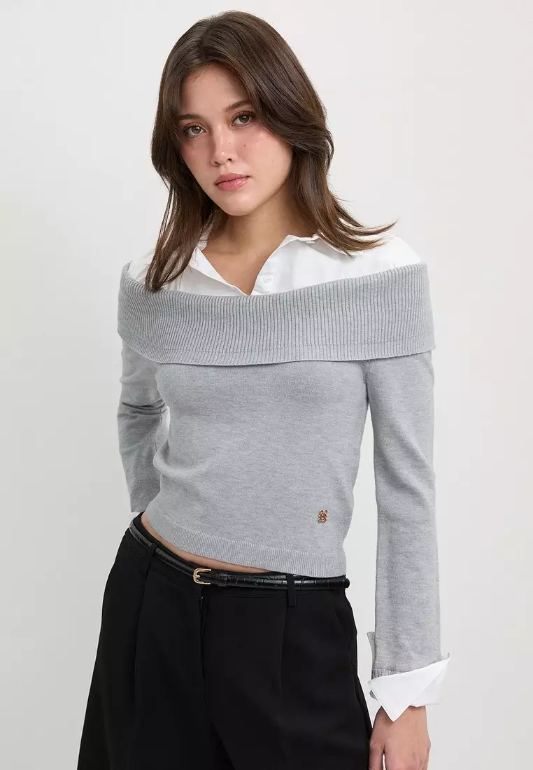 Off-the-Shoulder Layered Knit Sweater with Collared Shirt Insert Detail - Light Grey