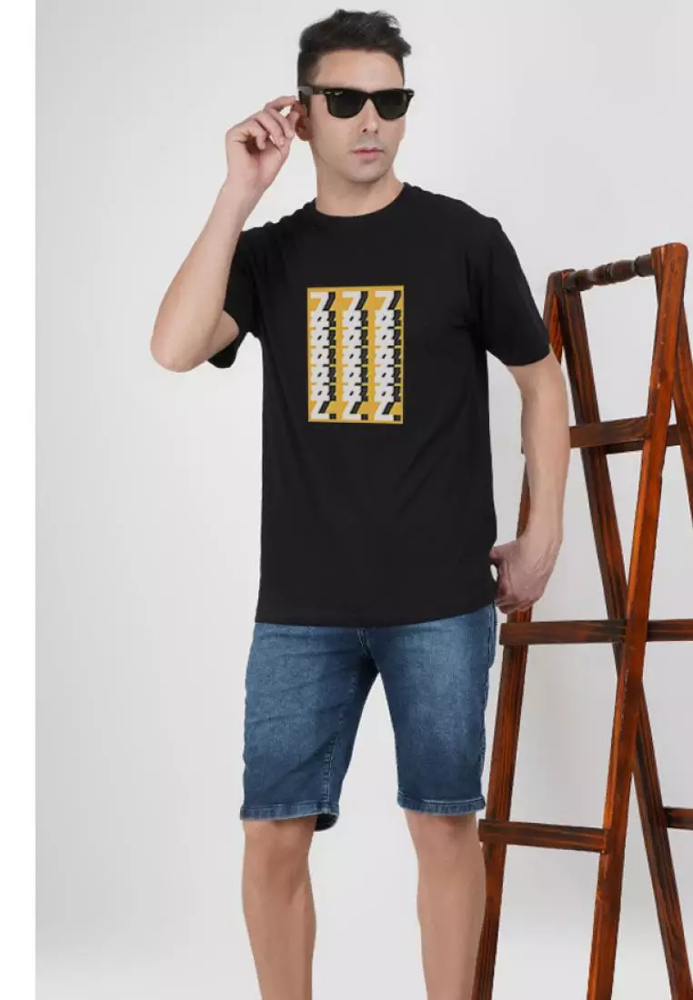 Abstract Print Graphic Black Cotton Blend Short Sleeve Regular Fit Tee