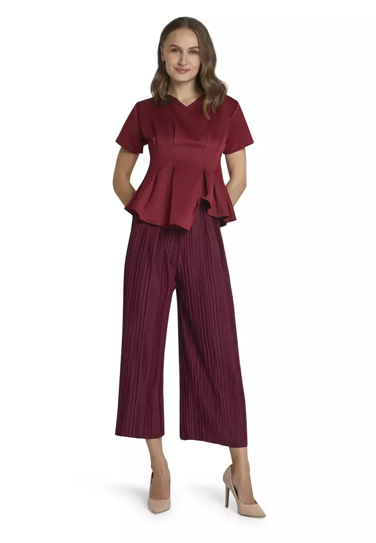 Callie Blouse Short Sleeve Motif Solid Atasan Wanita Casual - Maroon