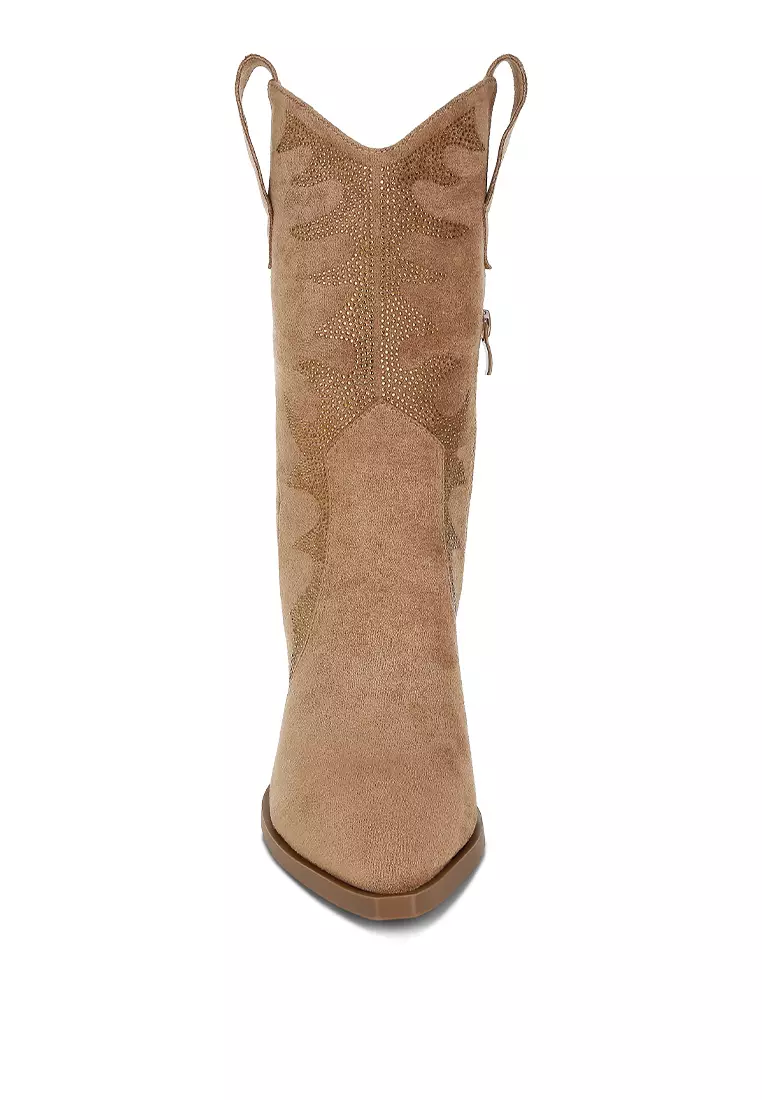 Rhinestones Embellished Calf Boots in Camel