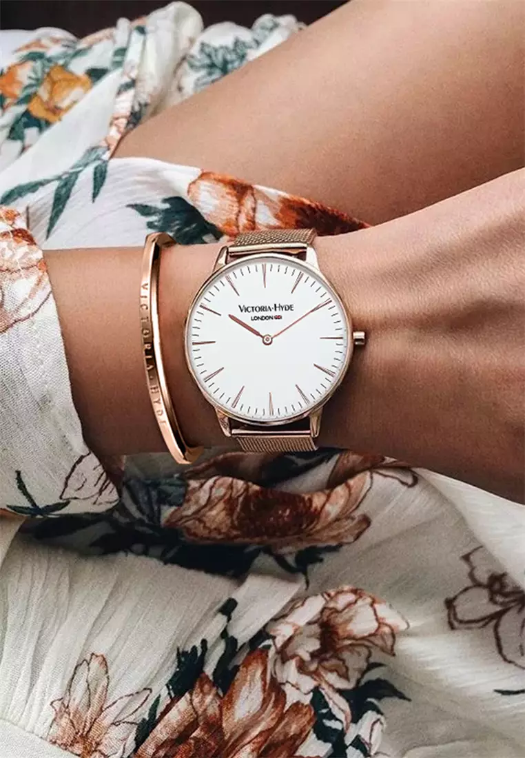 中性休闲表 男女通用 現代風格 38mm白色圓形表盤不鏽鋼網狀表帶-玫瑰金