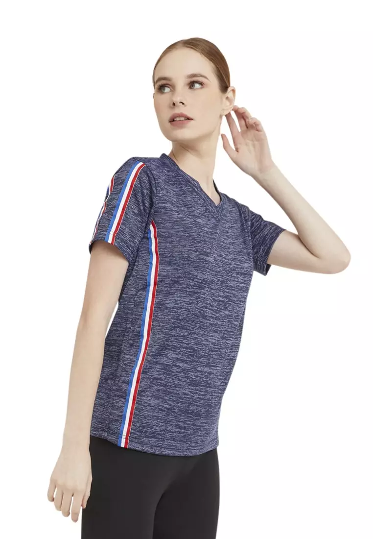 Marsya T-shirt Lengan Pendek Wanita V-neckline Aksen List Baju Atasan Regular Fit - Navy