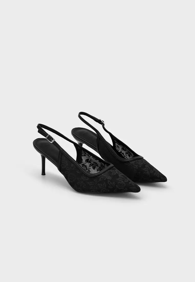 MESH FLORAL SLINGBACK HIGH HEEL PUMP