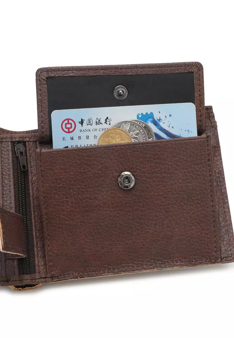 Men's RFID Genuine Leather Tri Fold Center Flap Short Wallet With Coin Compartment