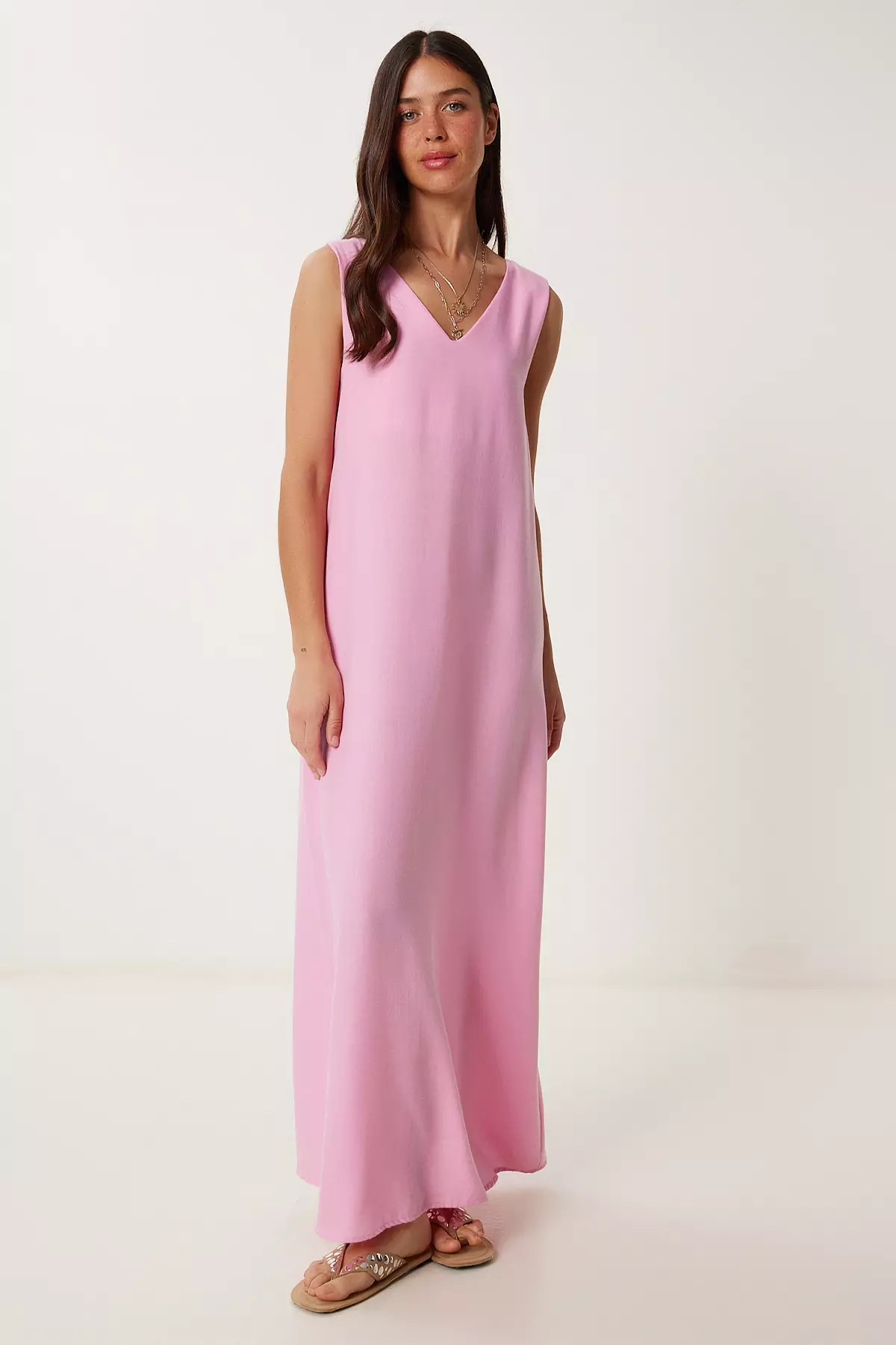 Women's Pink Sleeveless Basic Summer Linen Dress Dz00128