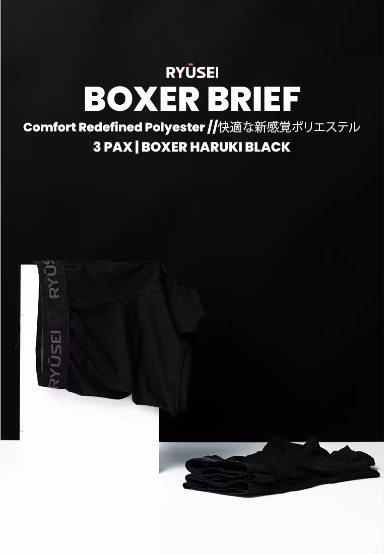 Ryusei Boxer Haruki Polyester Spandex 3 Pcs - Black | Nyaman & Elastis