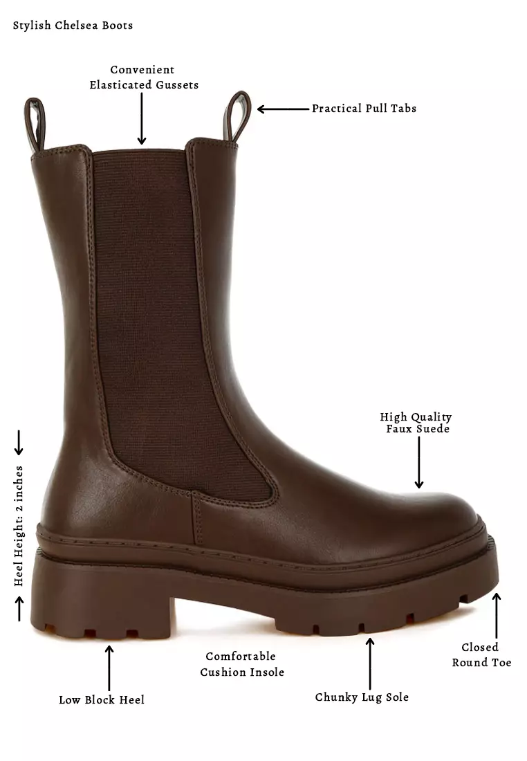 Elasticated Gussets Lug Sole Boots in Brown