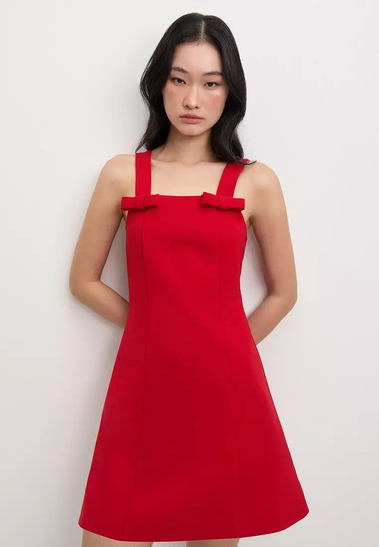 Bow Square Neck Dress - Red