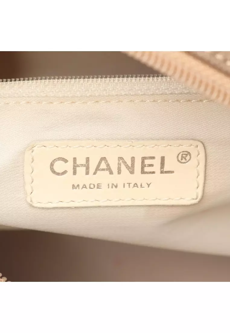 Pre-Loved Chanel Paris Biarritz PM Handbag tote bag Coated canvas leather Champagne Gold beige silver hardware