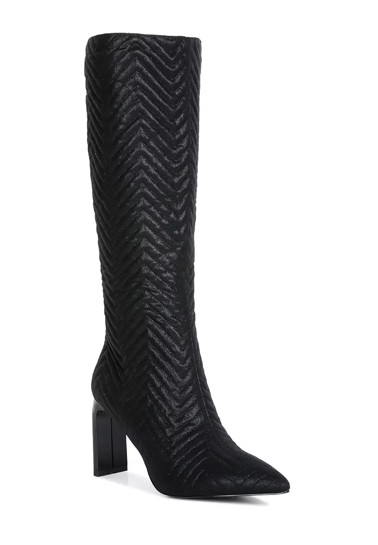 Buy London Rag Black Quilted Italian High Block Heeled Calf Boots
