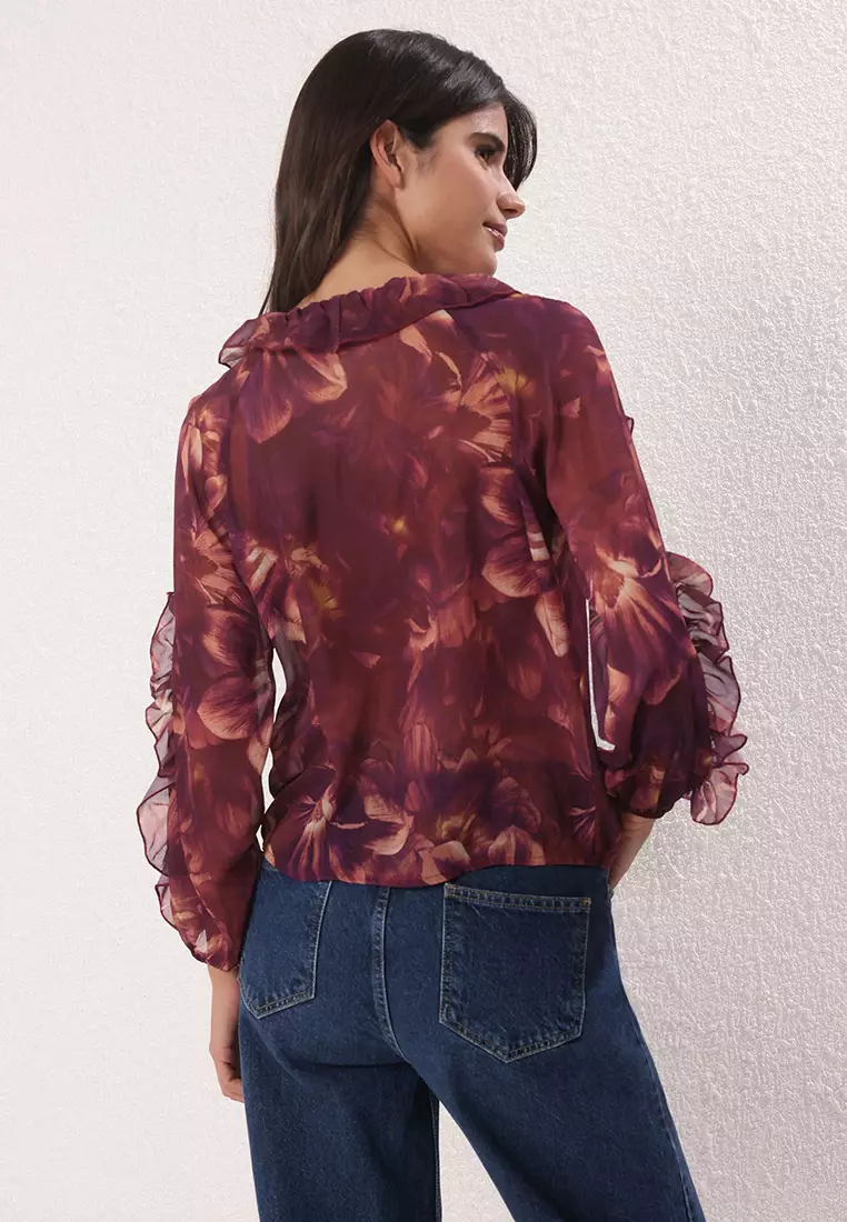 Plum Chiffon Transparent Floral Ruffle Woven Shirt TWOSS25GO00063