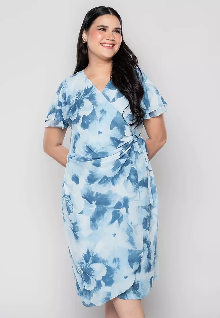 Milly Plus Size Martine Full Floral Digital Wrap Dress with Gathered Detail