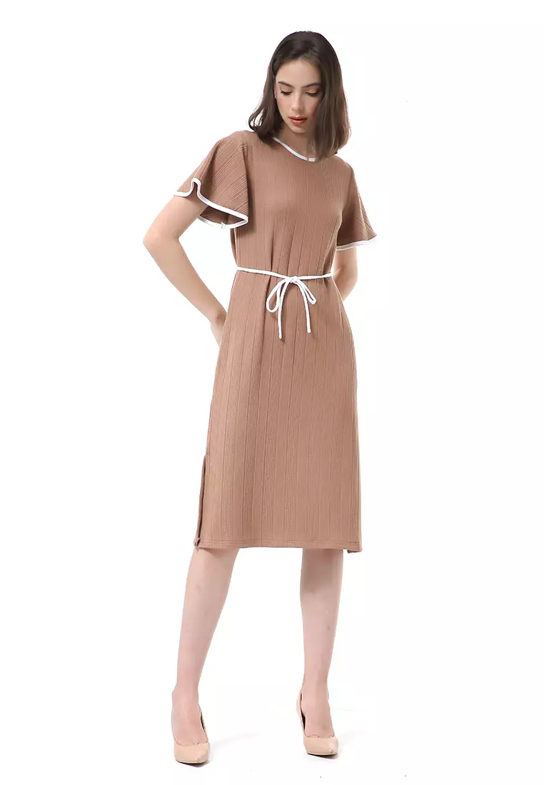 Rachel Dress Wanita Lengan Pendek Model Tali Pinggang Plain Motive Material Curly Kinit ORIGINAL - Brown