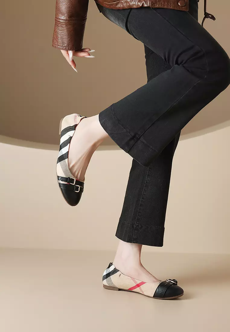 Buckle Plaid Faux Leather Flat Ballerinas WW955-5