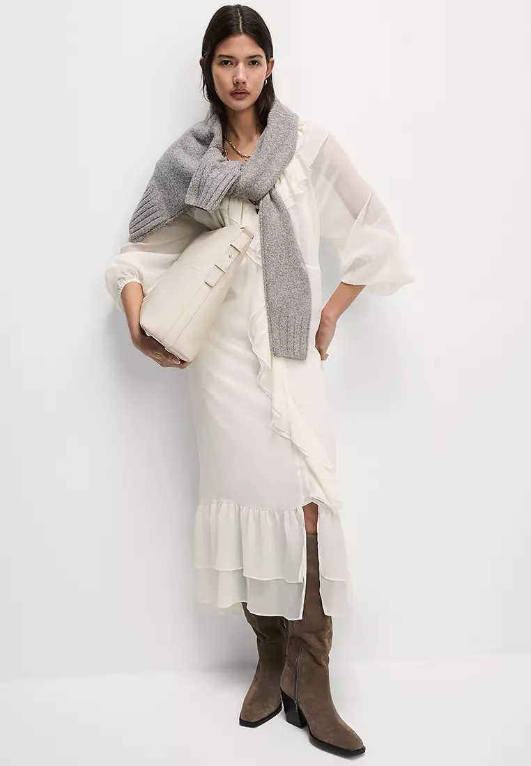 V-Neck Frill Detail Midaxi Smock Dress