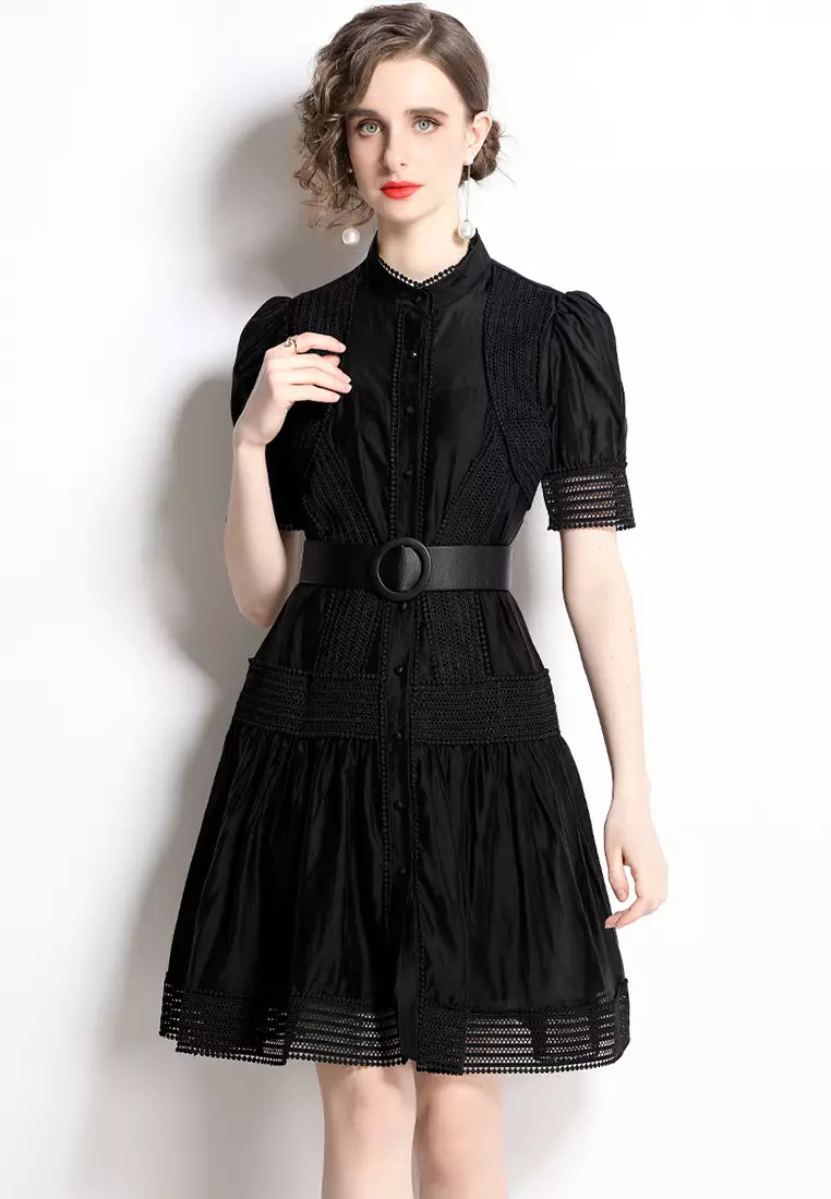 Lace Stitching Stand Collar Waist One-Piece Dress A22050707