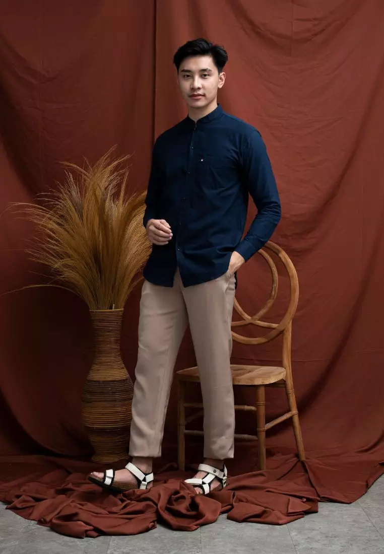 Houseofcuff kemeja Koko Lengan Panjang Pria Navy