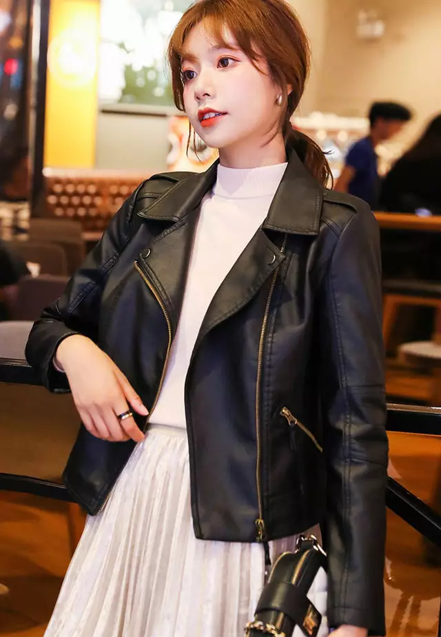 Black Notched Collar PU Jacket A120209