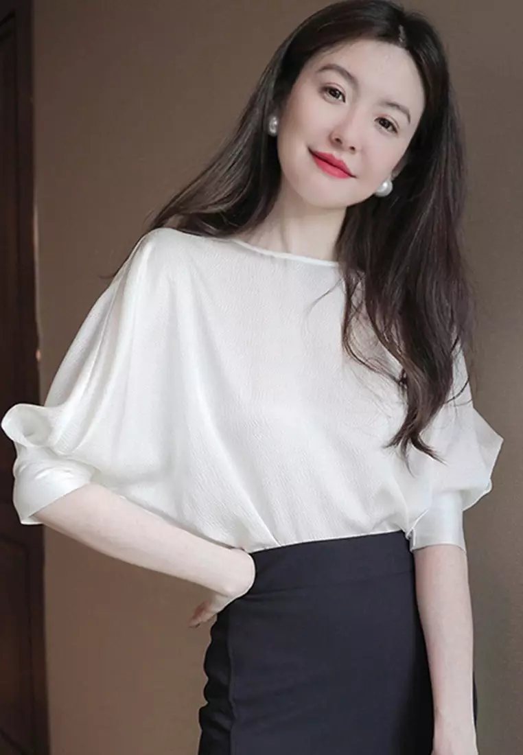 2025 S/S Age-Reducing Round Neck Puff Sleeve Waist Shirt Solid Color Top A23021505