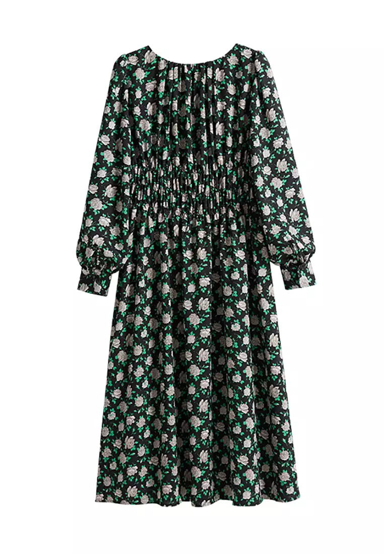 green emerald velvet dress H&M Purple/Green Floral A-Line V-Neck Long Sleeve Dress- Size L – The Saved  Collection