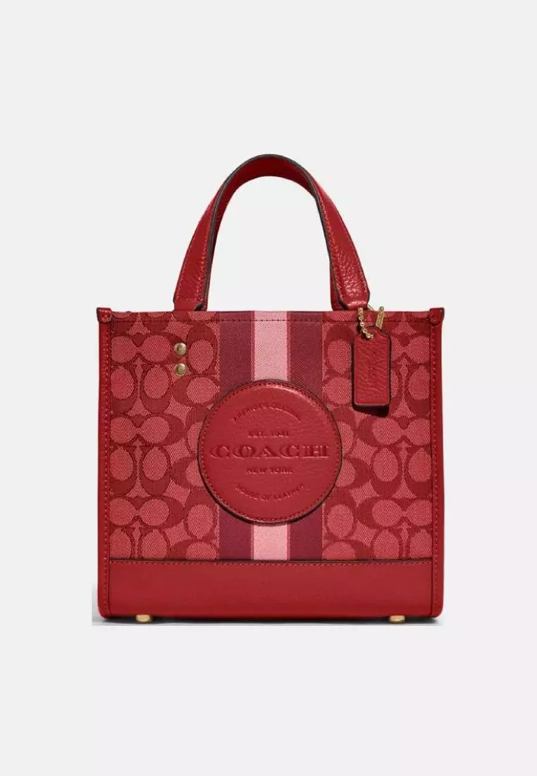 Coach Dempsey Tote 22 In Signature Jacquard With Stripe And Coach Patch Red Apple Multi