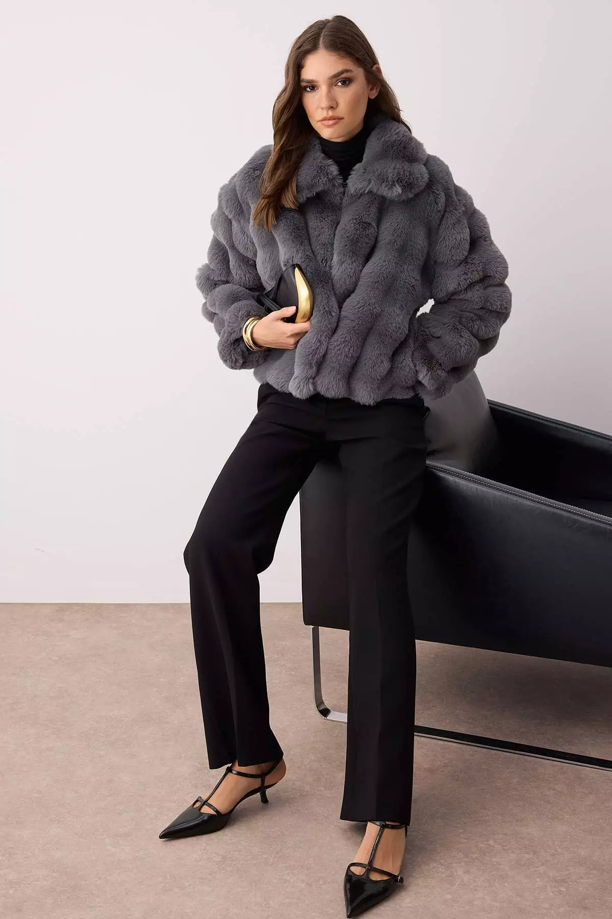 Gray Regular Fit Fur Coat