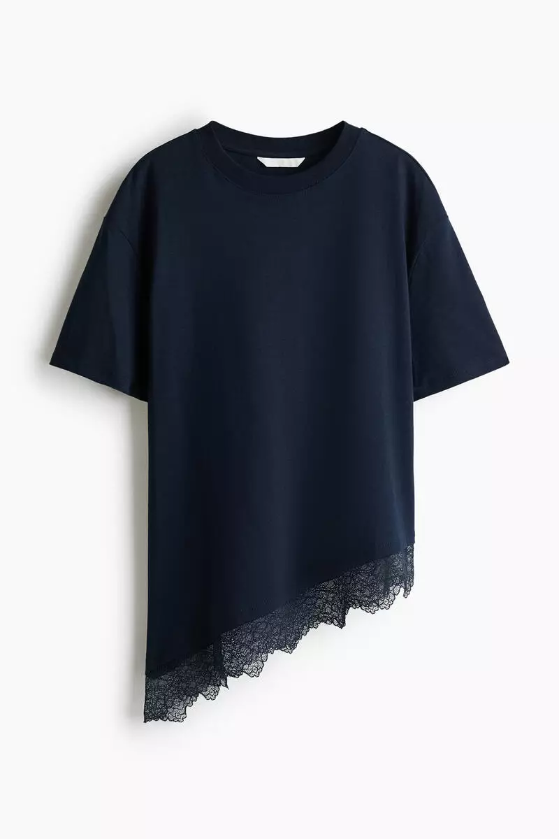 Asymmetric lace-trimmed T-shirt